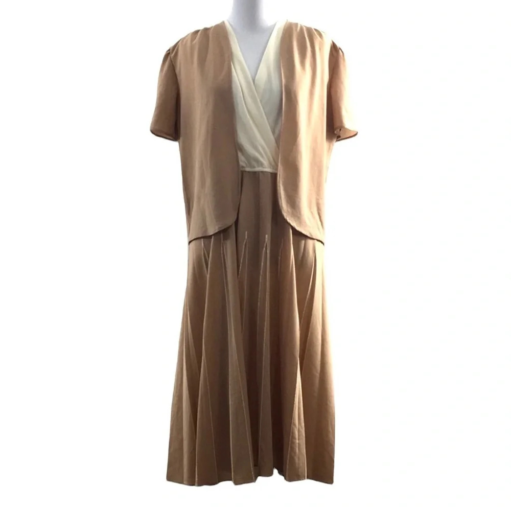 Jen Jen Vintage Tan‎ Cream Sheath Dress Jacket Set Womens 12 Midi